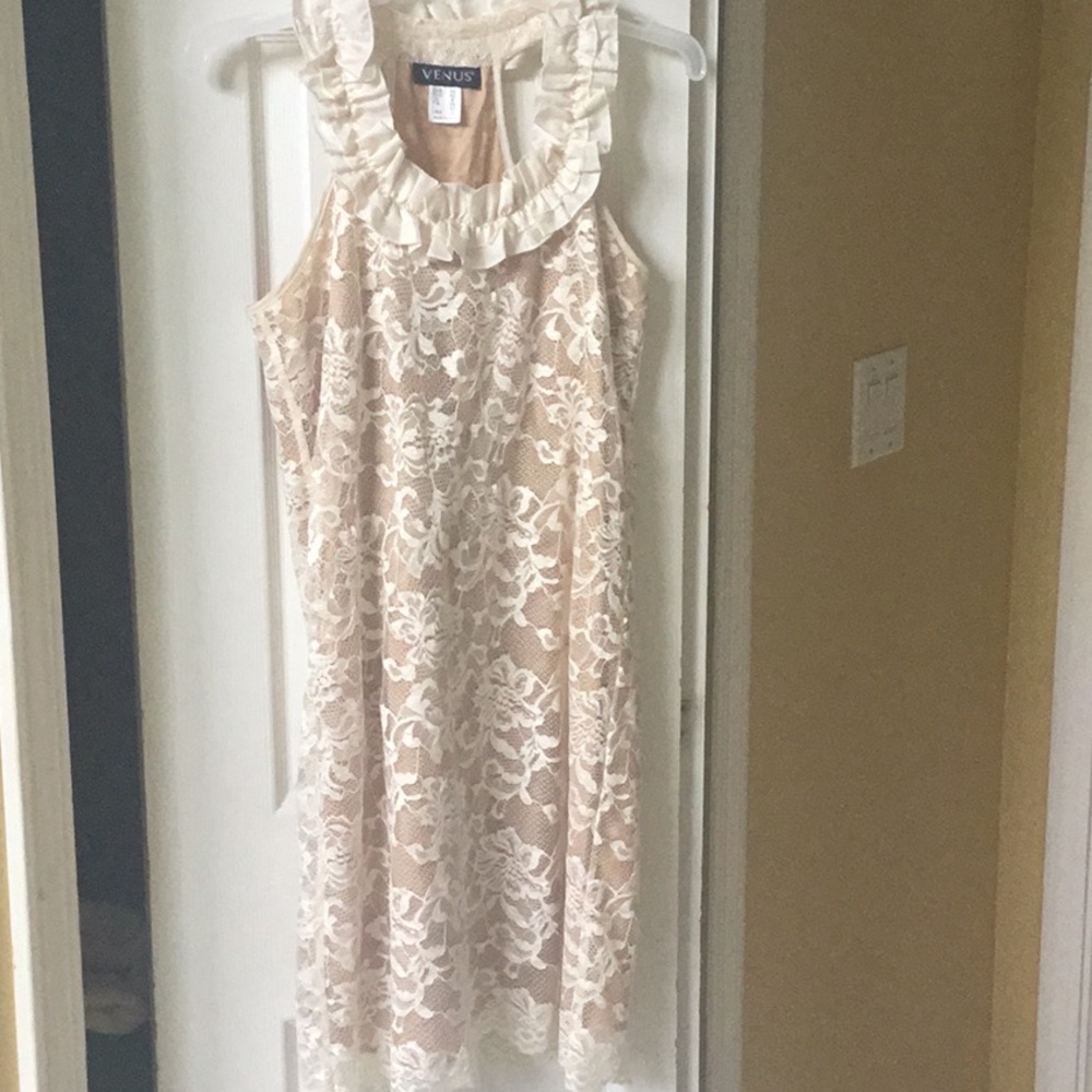 Venus Off white Lace Dress with Ruffle neck